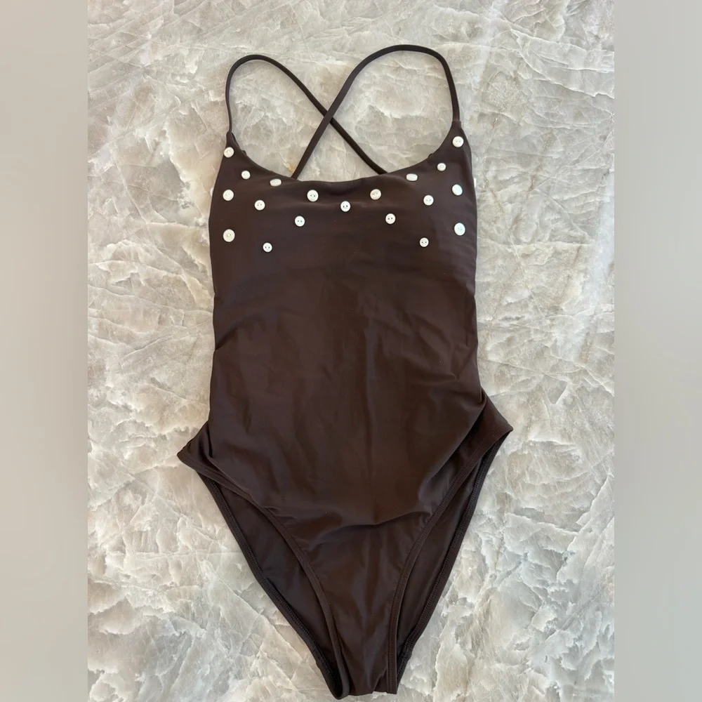 NWT J. Crew Button-trim scoopback one-piece swimsuit - size 6  - brown - Picture 4 of 12